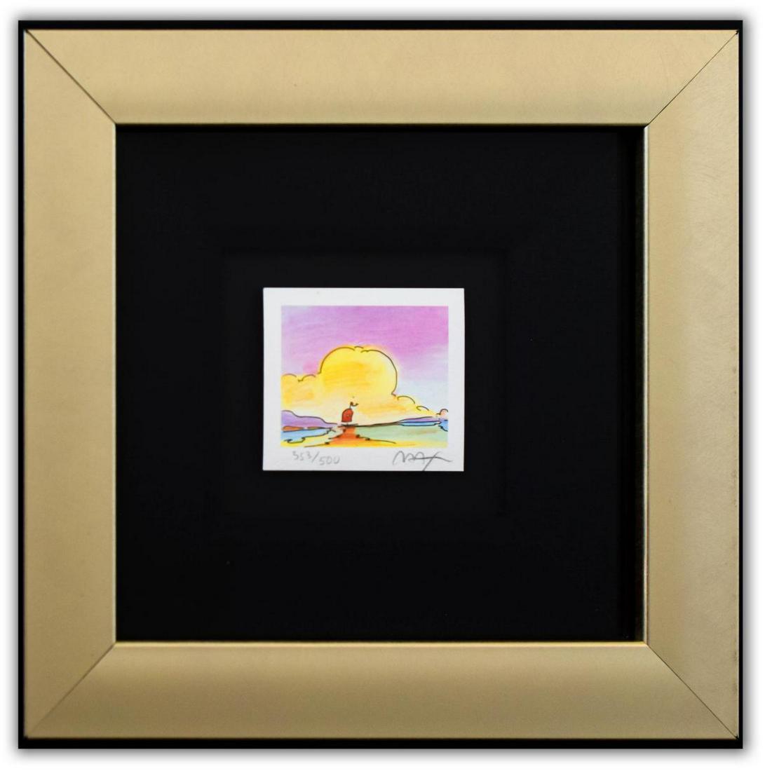 Peter Max- Original Lithograph "Sailboat on the Horizon: Artist: Peter Max. Medium: Original Lithograph. Title: Sailboat on the Horizon (Mini Series). Size (Unframed): 2.5" x 3". Size (Framed): 11" x 11". Limited Edition: Numbered /500. Certificate of Authe