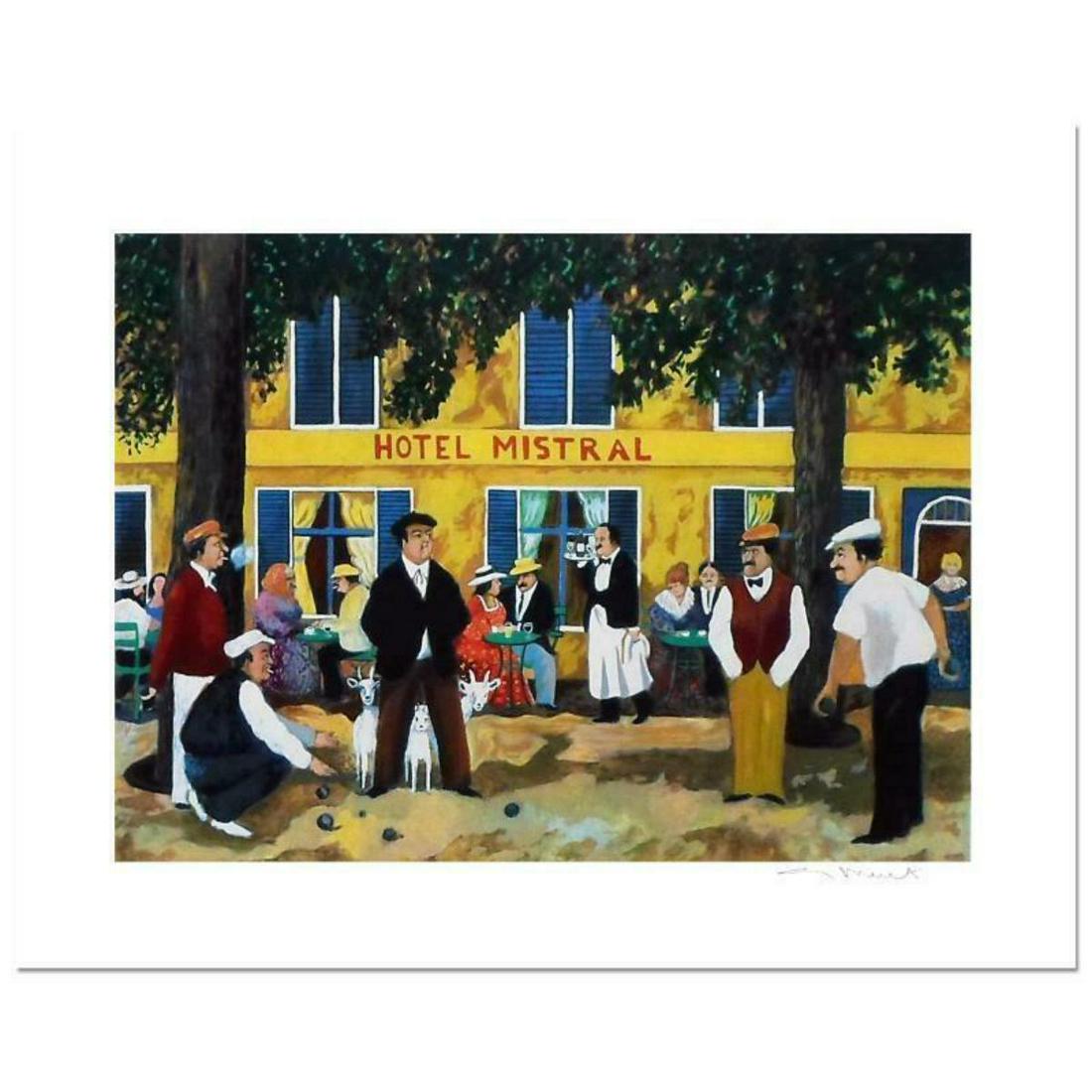 Guy Buffet, "Hotel Mistral" Limited Edition Serigraph;: "Hotel Mistral" is a limited edition serigraph on paper by Guy Buffet. It is numbered, hand-signed by the artist, and comes with a Certificate of Authenticity. Measures approx. 23.5" x 17.5" (image).