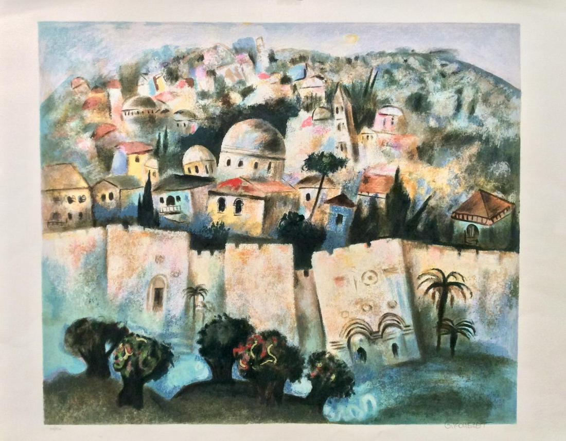 Gregory Kohelet- Original Serigraph "Sunrise in: Artist: Gregory Kohelet. Medium: Original Serigraph. Title: Sunrise in Jerusalem. Size (Unframed): 22" x 26". Certificate of Authenticity: From the publisher.