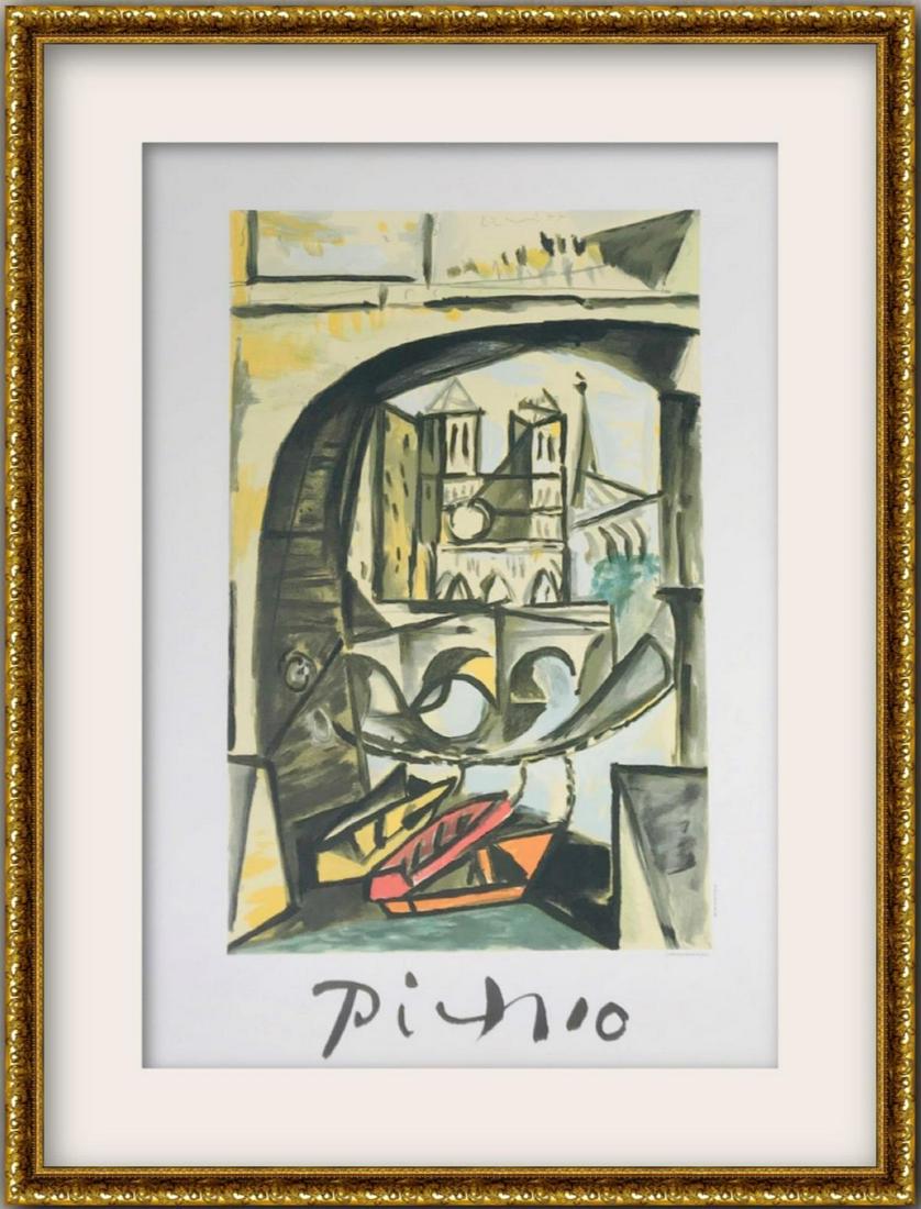 Pablo Picasso- Lithograph on Arches Paper "Notre Dame": Artist: Pablo Picasso. Medium: Lithograph on Arches Paper. Title: Notre Dame. Size (Unframed): 29" x 22". Size (Framed): 40" x 30". Certificate of Authenticity: Is included. Additional: Portfolio: Mar