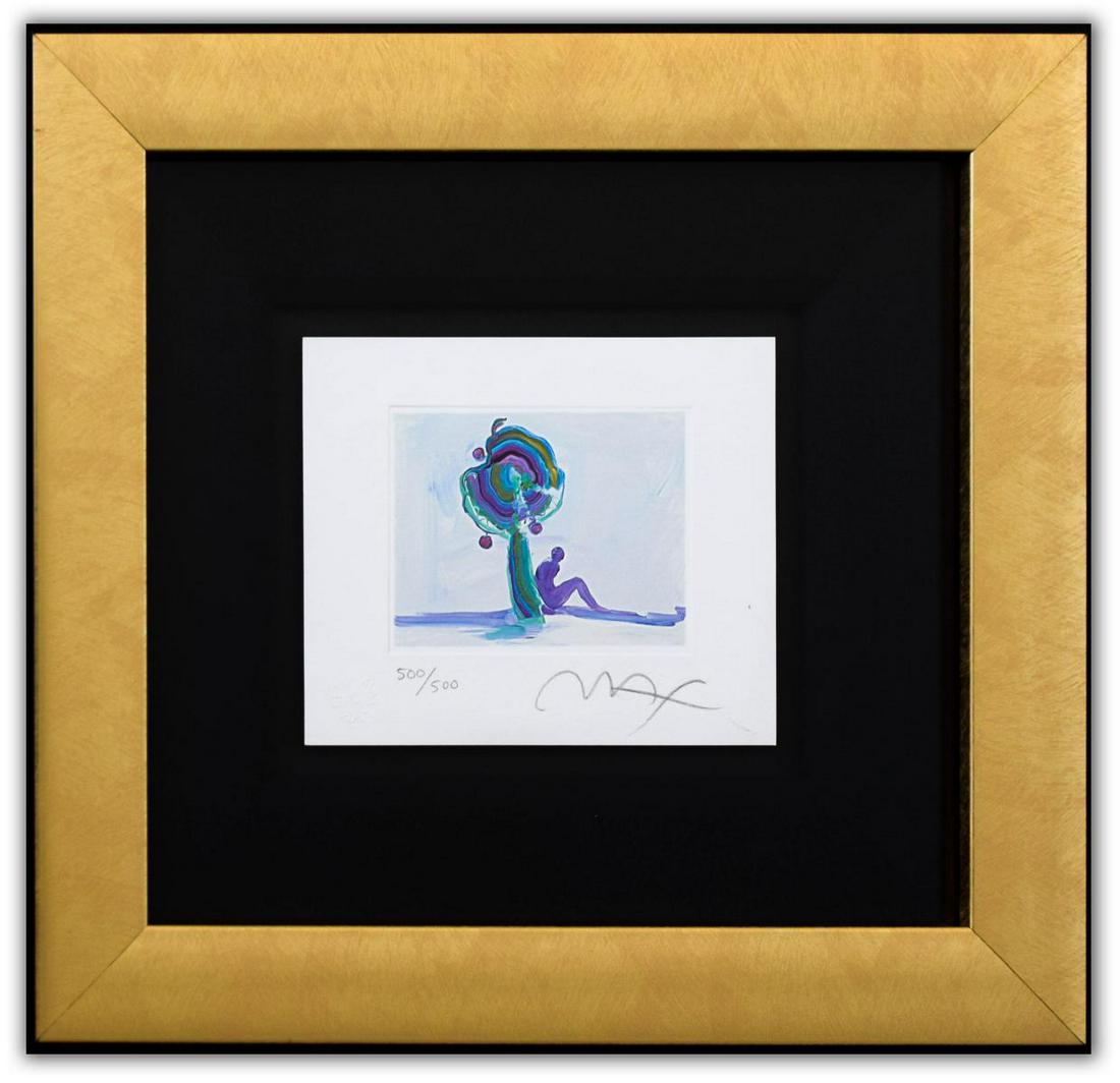 Peter Max- Original Lithograph "Figure Under Tree: Artist: Peter Max. Medium: Original Lithograph. Title: Figure Under Tree (Mini). Size (Unframed): 5" x 6". Size (Framed): 13" x 13.5". Limited Edition: Numbered 500/500. Certificate of Authenticity: F