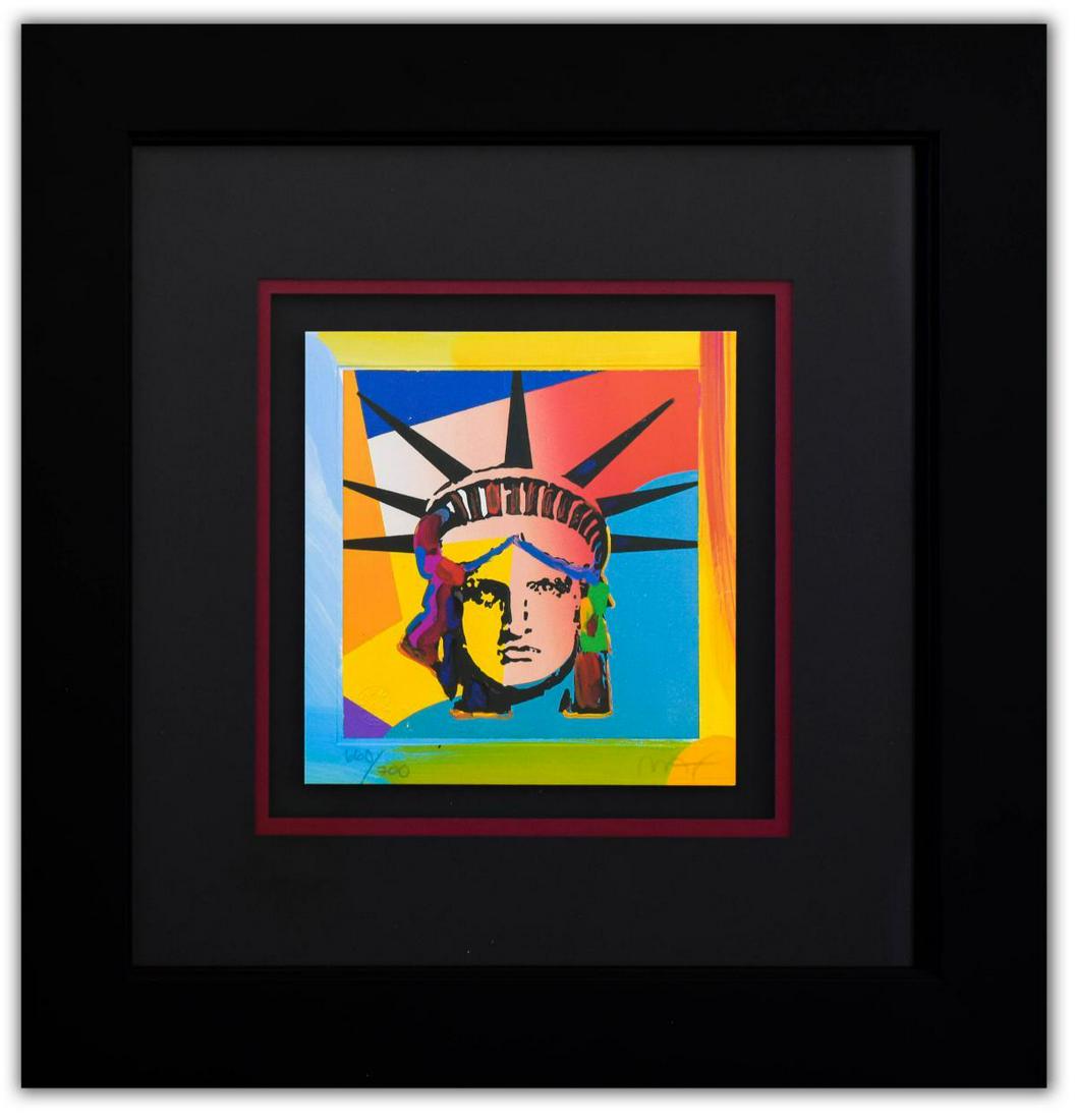 Peter Max- Original Lithograph "Liberty Head X (Mini)": Artist: Peter Max. Medium: Original Lithograph. Title: Liberty Head X (Mini). Size (Unframed): 7" x 7". Size (Framed): 16" x 16". Limited Edition: Numbered 660/700. Certificate of Authenticity: From P