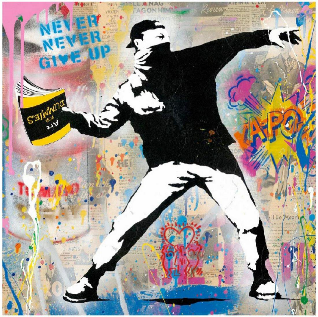 Mr. Brainwash "Banksy Thrower, 2020" Original Mixed: Artist: Mr. Brainwash. Title: "Banksy Thrower, 2020". Original Mixed Media (Silkscreen and Mixed Media on Paper). Size: 22x22". COA Included.