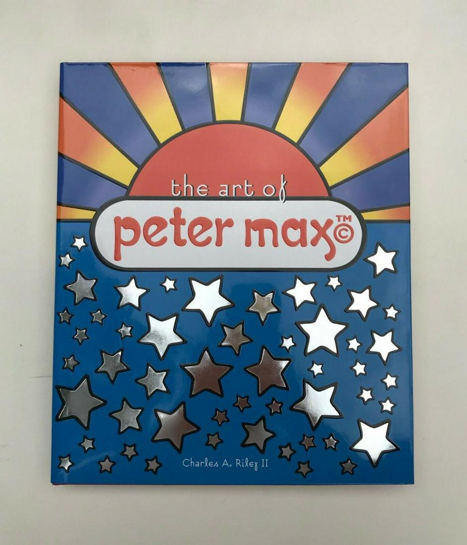 PETER MAX "THE ART OF PETER MAX" VINTAGE BOOK WITH: ARTIST: PETER MAX. TITLE: THE ART OF PETER MAX. MEDIUM: VINTAGE HARDCOVER BOOK. PAGES: 240. YEAR: 2002. SIZE: APPROX 11" X 12" X 1" INCHES. SIGNED: HAND SIGNED. ORIGINAL DRAWING IN INK ON THE FIRST PA