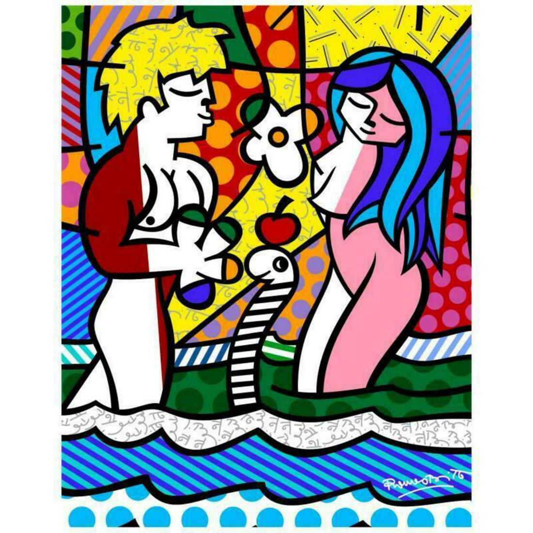 Romero Britto "New Adam & Eve" Hand Signed Giclee on: "New Adam & Eve" is an open edition giclee on canvas by Romero Britto. The piece comes hand signed by the artist and is authenticated en verso with the official Britto stamp. Measures approximately: 1