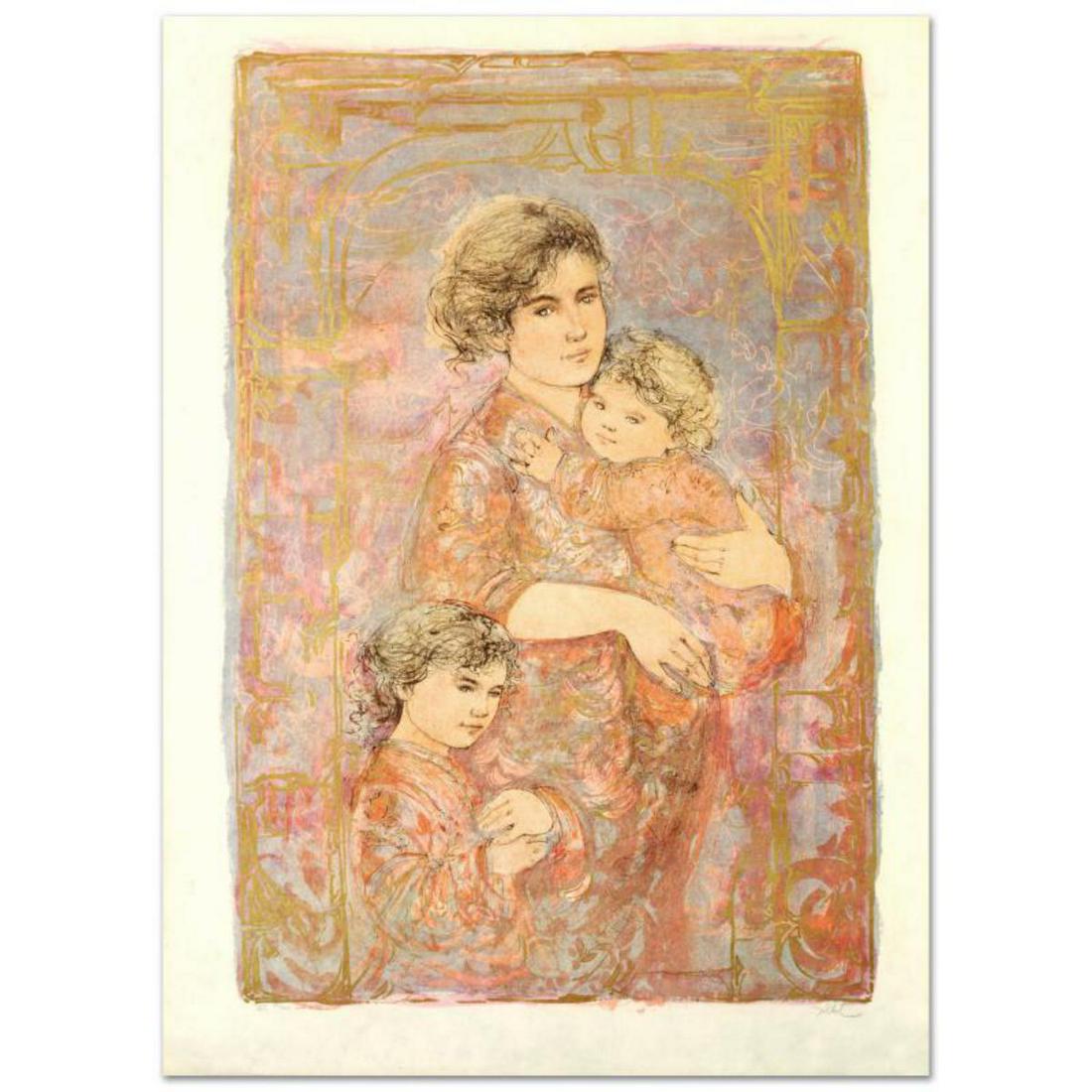 "Mona and Family" Limited Edition Lithograph (25" x: "Mona and Family" is a limited edition lithograph on rice paper, numbered and hand signed by Edna Hibel (1917-2014). Includes Certificate of Authenticity! Measures approx. 29.5" x 42" (with border), 2
