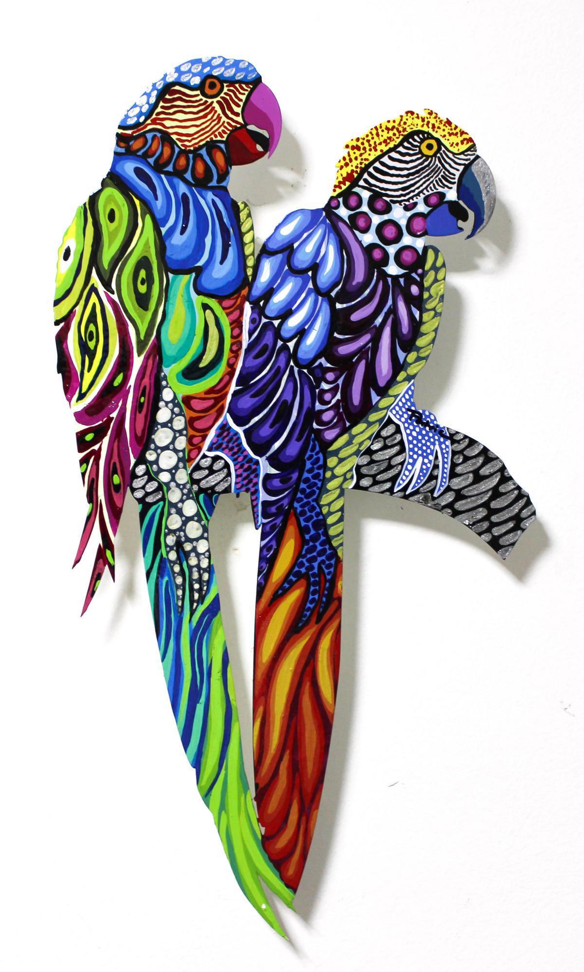 Patricia Govezensky- Original Painting on Laser Cut: Artist: Patricia Govezensky. Medium: Original Painting on Laser Cut Steel. Title: Two Parrots V. Size (Unframed): 18" x 10". Certificate of Authenticity: From the publisher. Reference# 11916.
