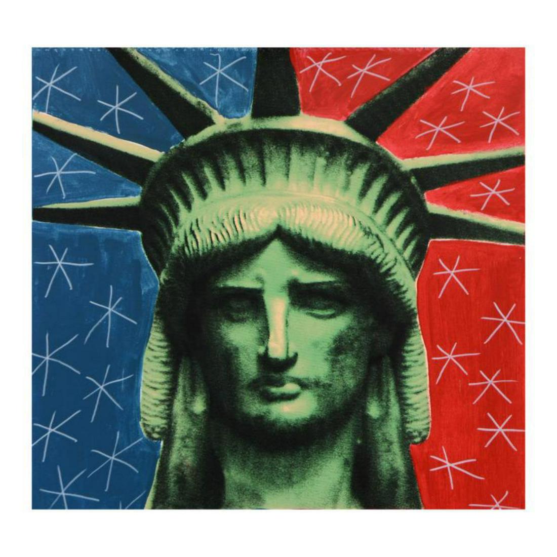 Steve Kaufman (1960-2010), "Liberty Head" Hand Painted: "Liberty Head" is a hand painted unique variation hand pulled silkscreen on canvas by Andy Warhol protege Steve Kaufman (1960-2010). This piece is numbered 25/50 and hand signed inverso. Includes lett