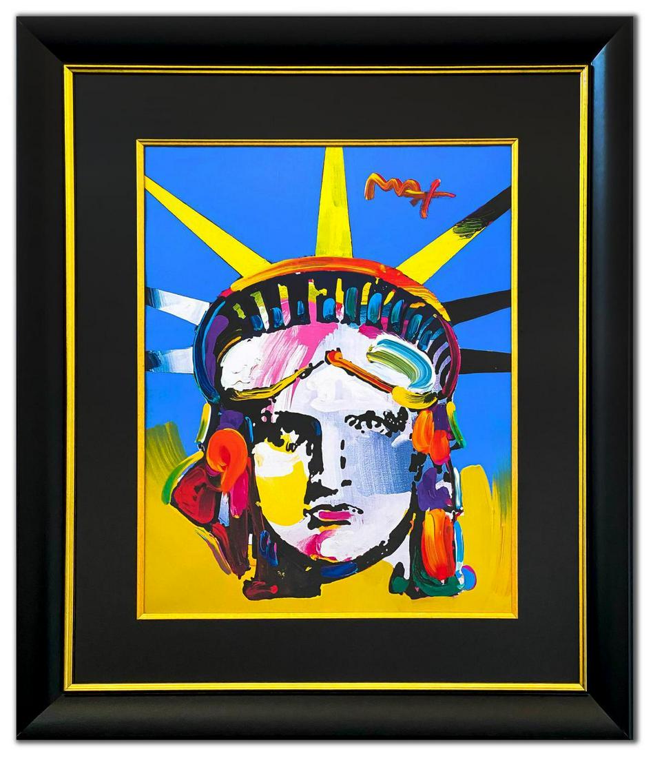 Peter Max- Original Mixed Media "Liberty Head": Artist: Peter Max. Medium: Original Mixed Media. Title: Liberty Head. Size (Unframed): 30" x 24". Size (Framed): 45" x 36". Certificate of Authenticity: From Peter Max Studio. Additional: Original one