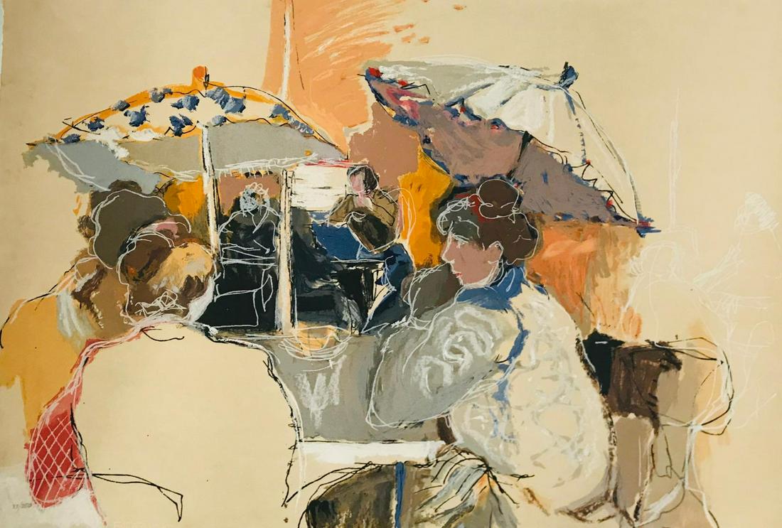 Itzchak Tarkay "Afternoon Chat with Umbrellas " Color: Artist: Itzchak Tarkay. Title: "Afternoon Chat with Umbrellas ". Medium: Color serigrpah. Hand signed and numbered. Size: 20x36".