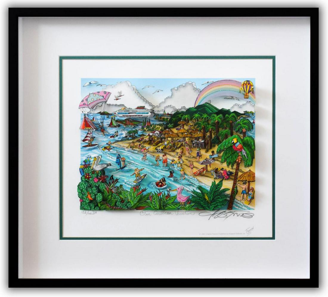 Charles Fazzino- 3D Construction Silkscreen Serigraph: Artist: Charles Fazzino. Medium: 3D Construction Silkscreen Serigraph. Title: Our Caribbean Vacation. Size (Unframed): 12" x 14". Size (Framed): 20" x 22.5". Limited Edition: Edition of 350 DX. Certif