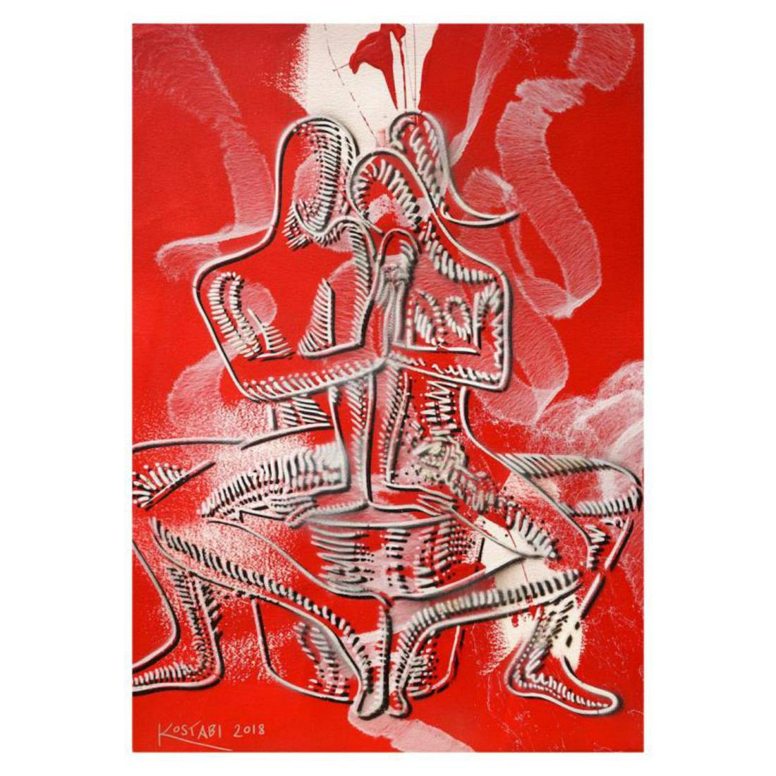 Mark Kostabi "Crimson Solidarity" Hand Signed Original: "Crimson Solidarity" is a mixed media original painting on paper, by Mark Kostabi. The piece is hand signed and comes with a certificate of authenticity. Measures approximately 42" x 29.5". Reference