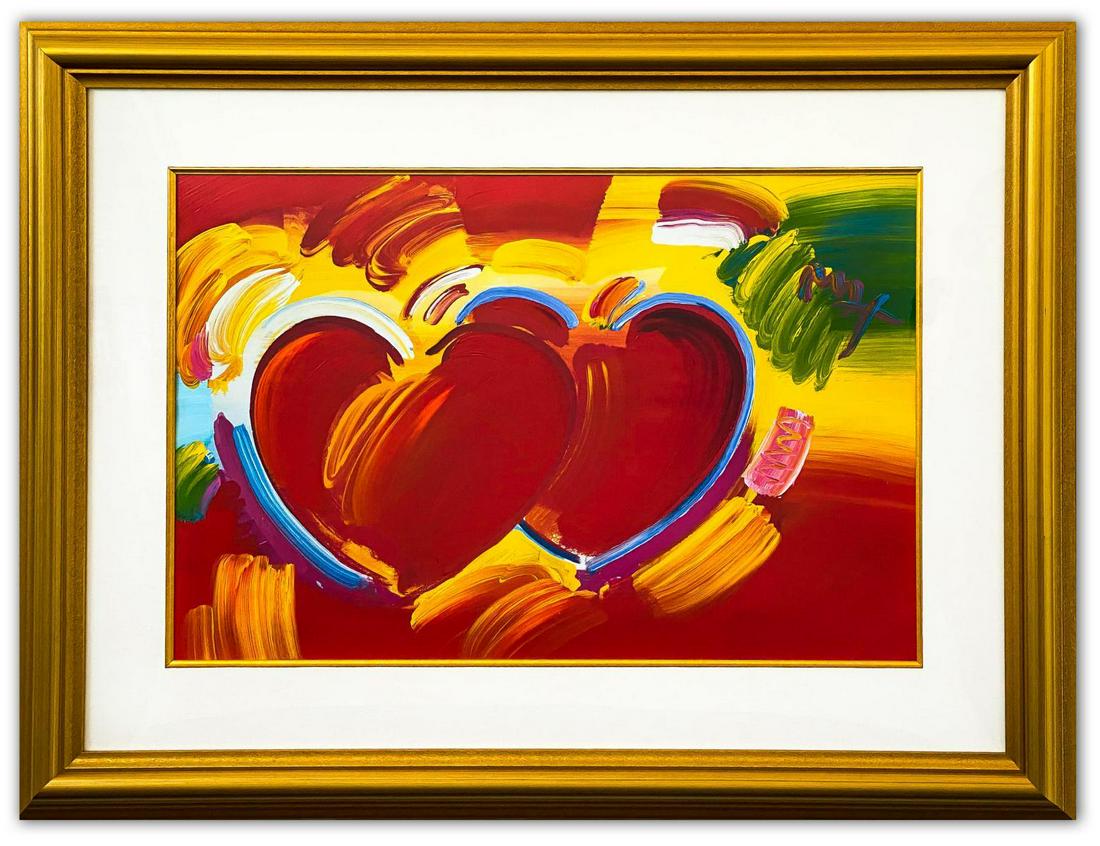Peter Max- Original Mixed Media "Two Hearts As One": Artist: Peter Max. Medium: Original Mixed Media. Title: Two Hearts As One. Size (Unframed): 24" x 36". Size (Framed): 39" x 50". Certificate of Authenticity: From Peter Max Studio. Additional: Origina