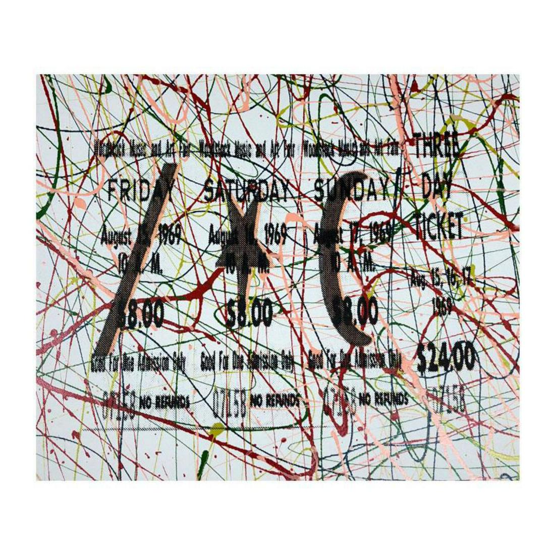 Steve Kaufman (1960-2010), "1969 Woodstock Ticket" Hand: "1969 Woodstock Ticket " is a limited edition hand pulled silkscreen mixed media on canvas by Andy Warhol protege Steve Kaufman (1960-2010). This piece is numbered and 32/50 and hand signed inverso. I