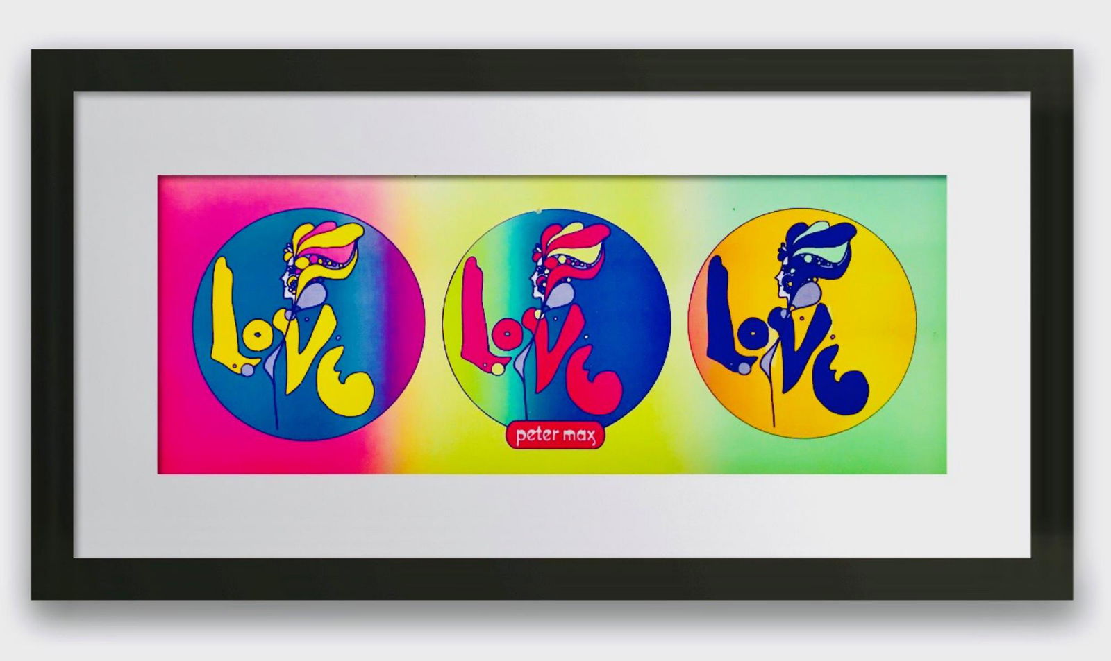 Peter Max "Love" Original vintage lithograph on board: Peter Max. "Love". Original vintage lithograph on board. Signed in the plate. Image size 11x28 inches. Framed 22x38 inches.