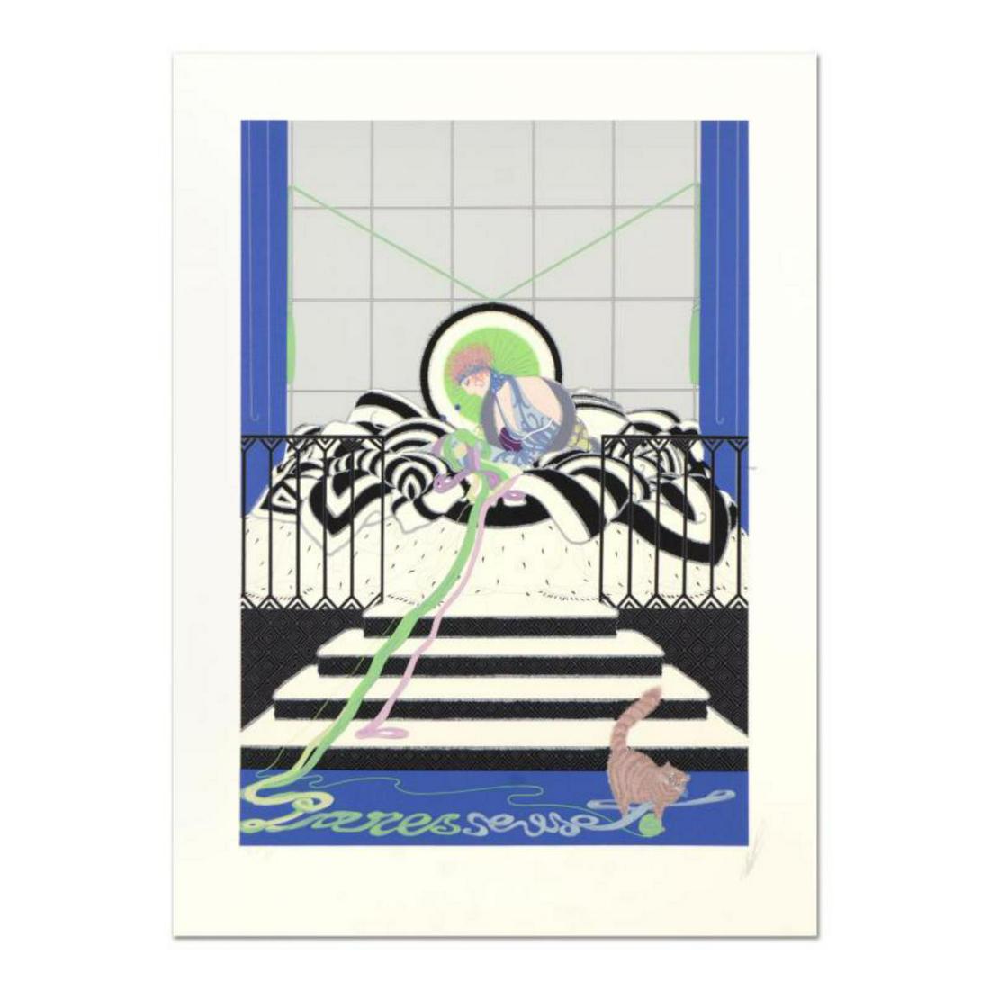Erte (1892-1990), "Parasseuse" Limited Edition: "Parasseuse" is a limited edition serigraph on paper from an AP edition by Erte (1892-1990), hand signed by the artist. Includes Certificate of Authenticity. Measures approx. 23" x 31" (with border),