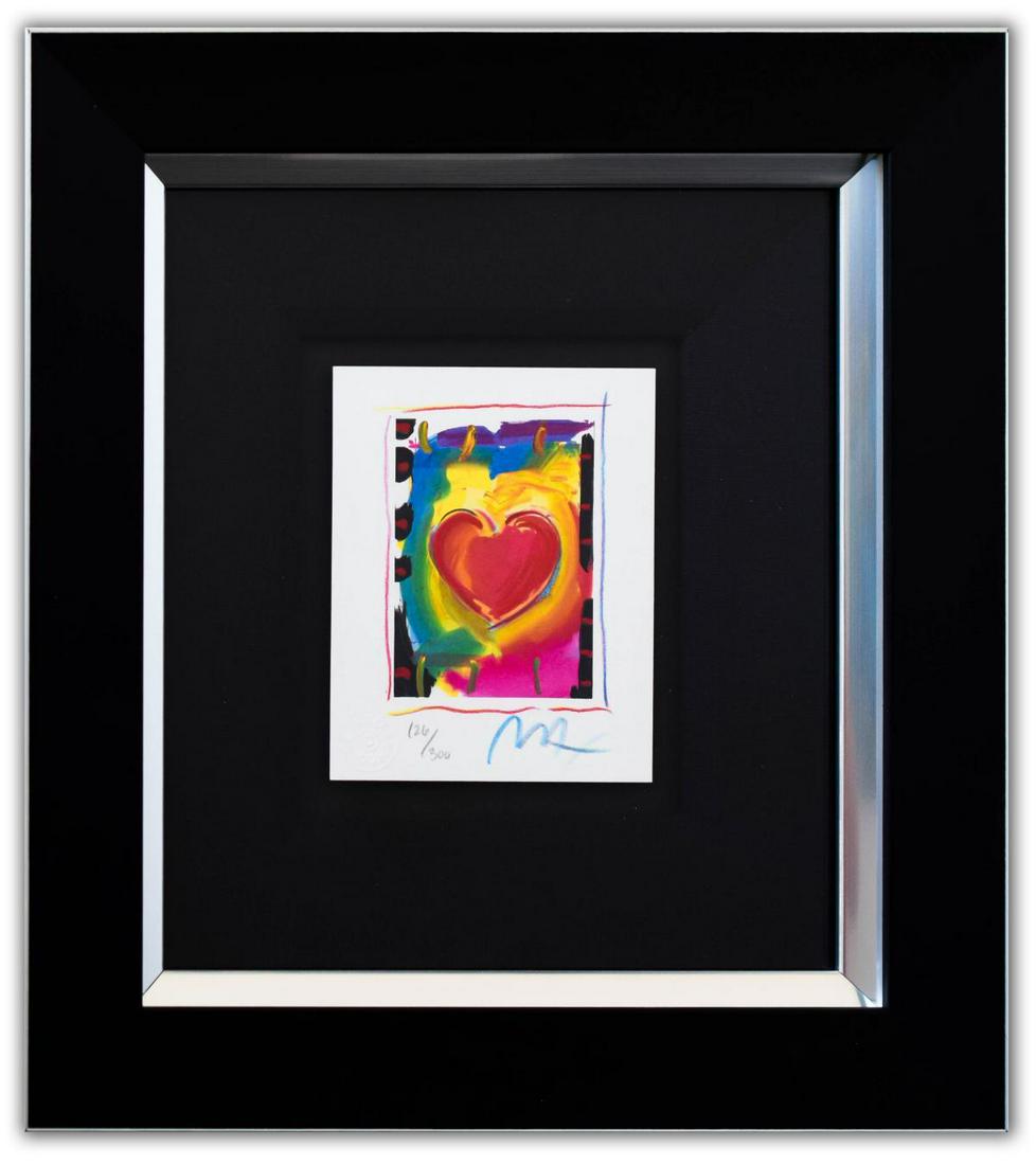 Peter Max- Original Lithograph "Heart Series I": Artist: Peter Max. Medium: Original Lithograph. Title: Heart Series I. Size (Unframed): 5" x 4". Size (Framed): 13.5" x 12". Limited Edition: Numbered 126/300. Certificate of Authenticity: From Peter