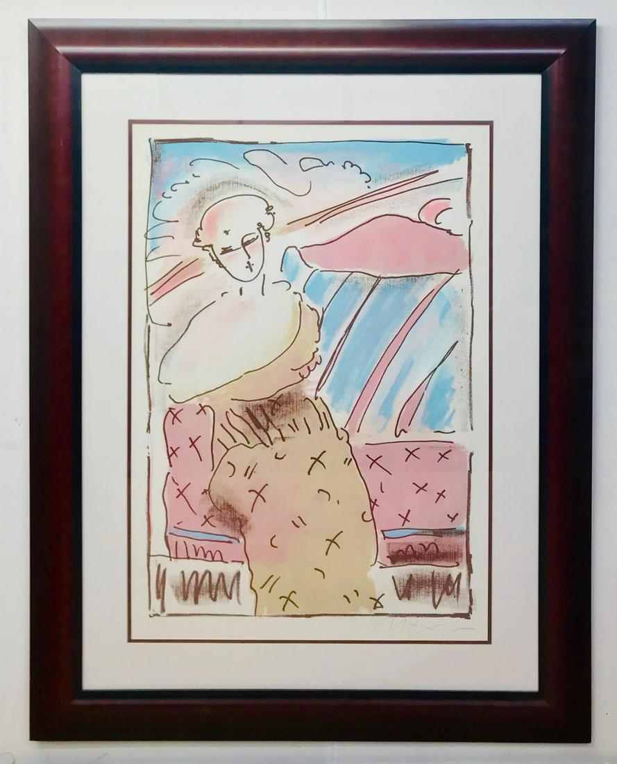 Peter Max Seated Lady Original hand signed and numbered: Peter Max. Seated Lady. Original hand signed and numbered lithograph. Circa 1970's. Framed 28x38 inches.