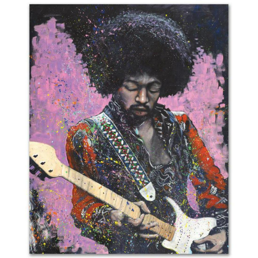 "Jimi" Limited Edition Giclee on Canvas by Stephen: With bright colors and expressive lines, Stephen Fishwick puts a unique spin on pop culture portraits. "Jimi" is a limited edition giclee on stretched canvas, numbered and bears the artist's authorize