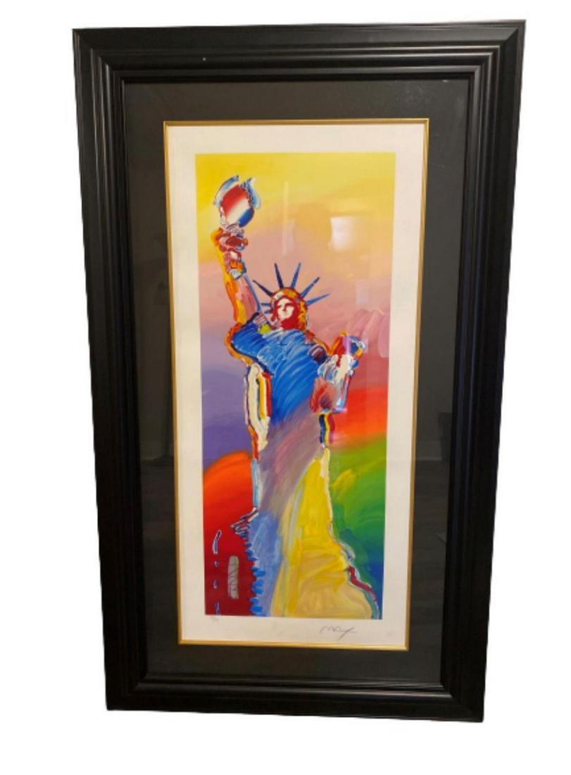 Peter Max Original serigraph on paper "Statue of: Artist: Peter Max. Medium: Original serigraph on paper. Title: Statue of Liberty. Signature: Hand signed and numbered. Frame Size: 44x24". Reference# 30026.