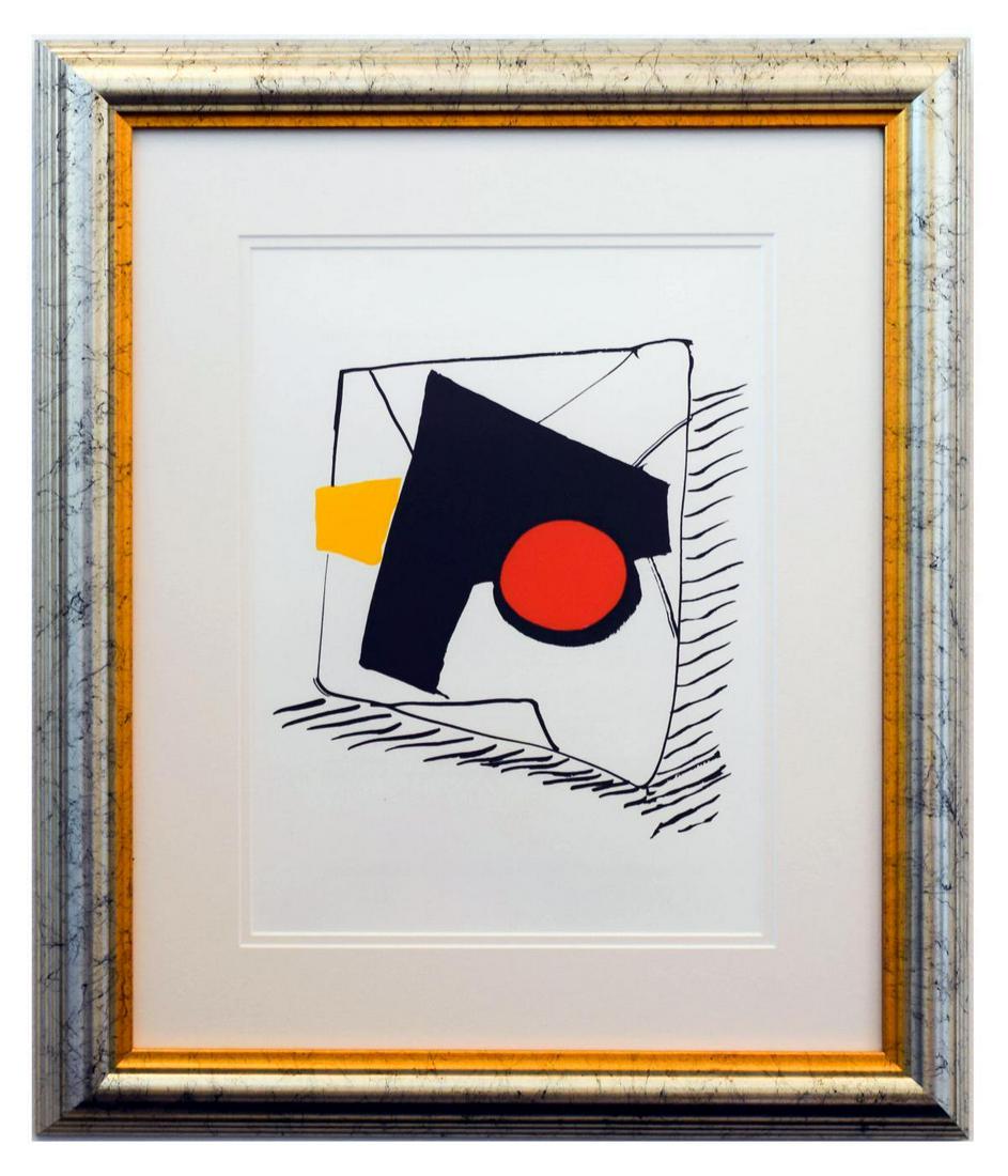 Alexander Calder- Lithograph "DLM221 - Composition: Artist: Alexander Calder. Medium: Lithograph. Title: DLM221 - Composition geometrique. Size (Unframed): 15" x 11". Size (Framed): 23.5" x 19". Certificate of Authenticity: Is included. Additional: Yea