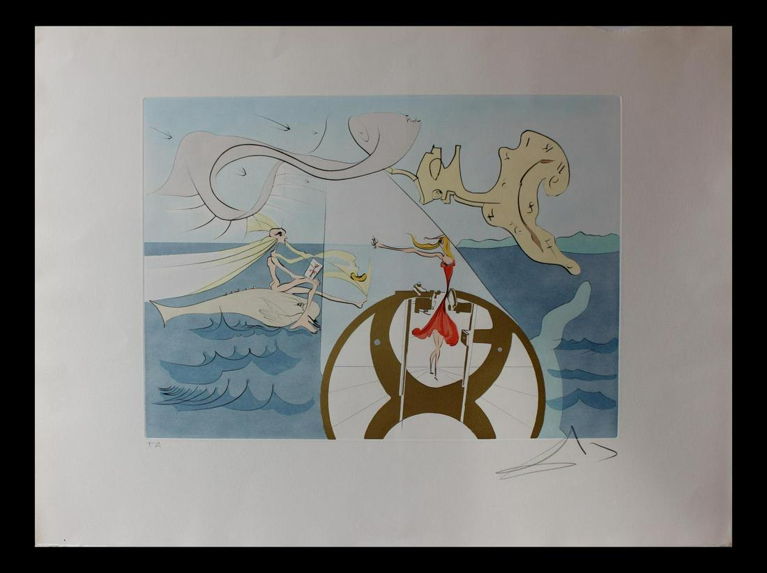 Salvador Dali- Original Engravings with color by: Artist: Salvador Dali. Medium: Original Engravings with color by pochoir. Title: The Sewing Machine. Size (Unframed): 22" x 30". Certificate of Authenticity: From Frank Hunter. Reference# 10453.