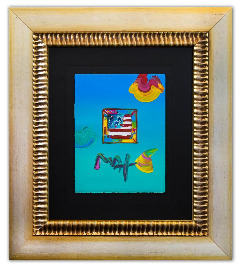 Peter Max- Original Mixed Media "Flag with Heart 2005: Artist: Peter Max. Medium: Original Mixed Media. Title: Flag with Heart 2005 Ver. I #213. Size (Unframed): 11" x 8.5". Size (Framed): 24" x 21". Certificate of Authenticity: From Peter Max Studio. Add