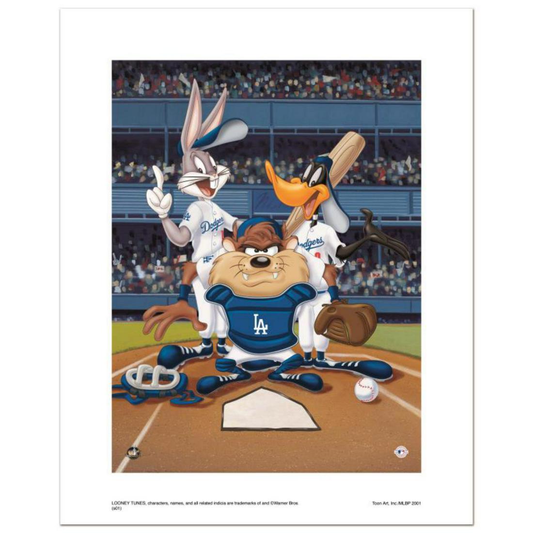 "At the Plate (Dodgers)" Numbered Limited Edition: "At the Plate (Dodgers)" is a limited edition giclee on paper from Warner Bros. featuring iconic Looney Tunes characters in Los Angeles Dodgers MLB uniforms. It comes numbered, with hologram seal, and
