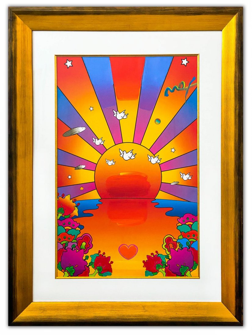 Peter Max- Original Mixed Media "Sunrise 2000": Artist: Peter Max. Medium: Original Mixed Media. Title: Sunrise 2000. Size (Unframed): 36" x 24". Size (Framed): 50" x 39". Certificate of Authenticity: From Peter Max Studio. Additional: Original one