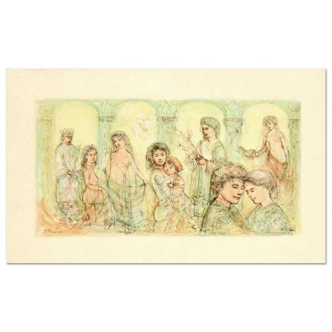 Edna Hibel (1917-2014), "Solomon's Court" Limited: "Solomon's Court" is a limited edition lithograph on rice paper by Edna Hibel (1917-2014), numbered and hand signed by the artist. Includes Certificate of Authenticity. Measures approx. 30" x 18" (bor