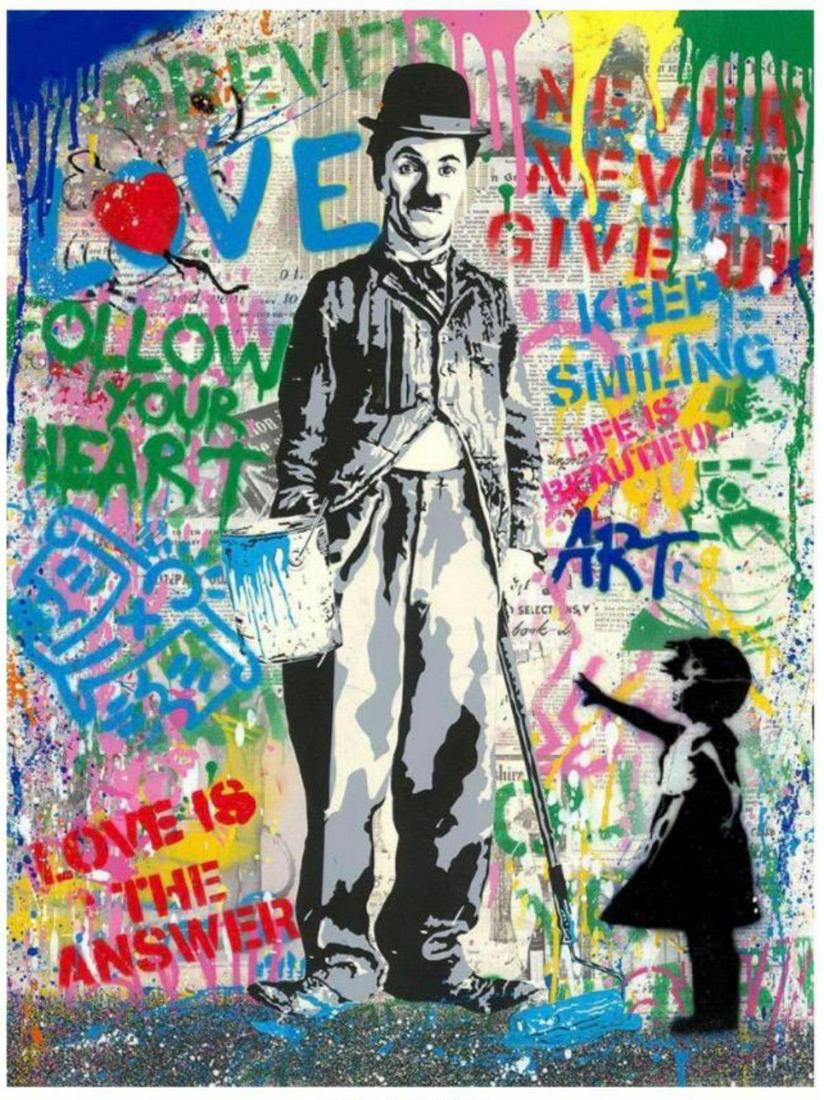Mr. Brainwash Original Mixed Media (Silkscreen and: Artist: Mr. Brainwash. Medium: Original Mixed Media (Silkscreen and Mixed Media on Paper). Title: Chaplin, 2020. Signature: Hand Signed. Size: 30" x 22 1/2". Frame Size: 38x30". Certificate of authent