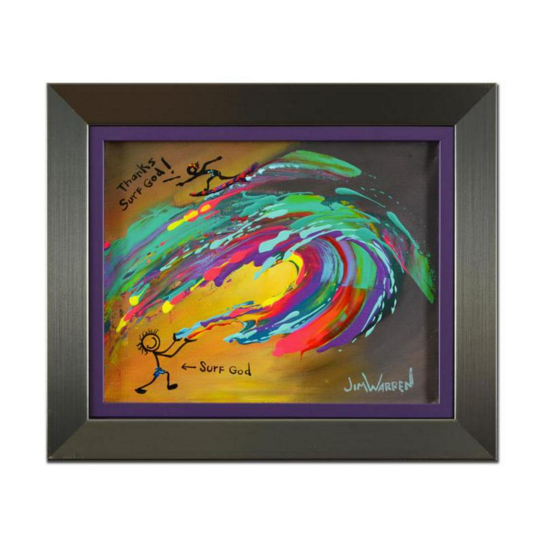 Jim Warren, "Surf God" Framed Original Painting on: "Surf God" is an original painting on board by Jim Warren, hand signed by the artist. This piece is custom framed. Includes Letter of Authenticity. Measures approx. 18" x 15" (with frame), 13.5 x 10.5