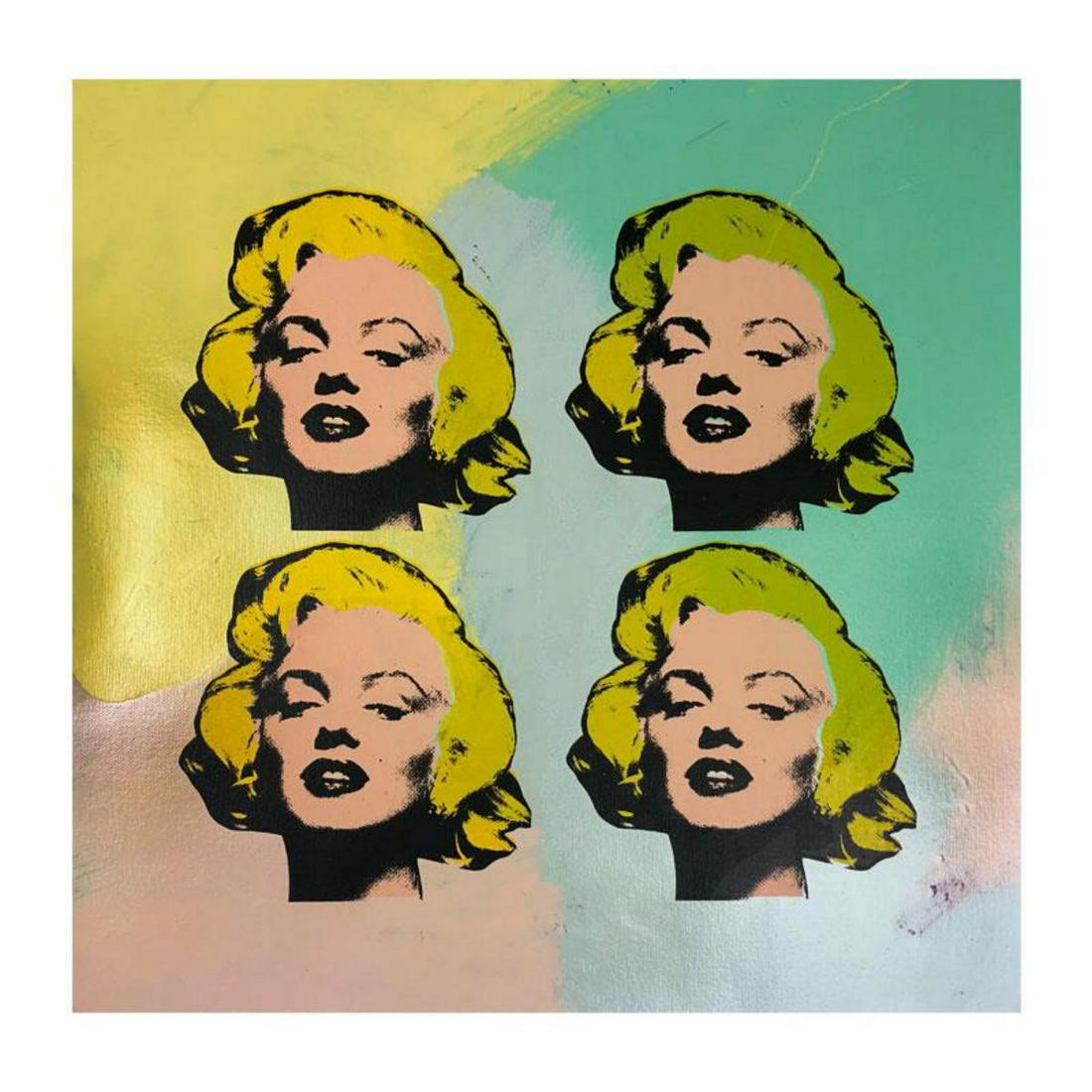 Steve Kaufman (1960-2010), "Four Marilyn's" Hand Signed: "Four Marilyn's " is a limited edition hand pulled silkscreen mixed media on canvas by Andy Warhol protege Steve Kaufman (1960-2010). This piece is numbered and 15/50 and hand signed inverso. Includes