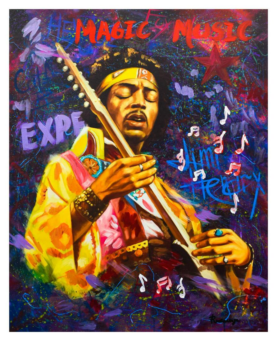 Nastya Rovenskaya- Mixed Media "Jimi Hendrix": Artist: Nastya Rovenskaya. Medium: Mixed Media. Title: Jimi Hendrix. Size (Unframed): 30" x 24". Certificate of Authenticity: From the publisher. Reference# 13900.