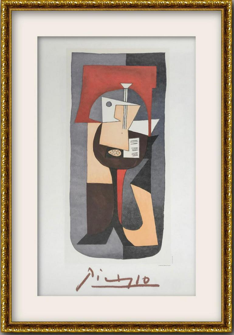 Pablo Picasso- Lithograph on Arches Paper "Guitare et: Artist: Pablo Picasso. Medium: Lithograph on Arches Paper. Title: Guitare et Partition. Size (Unframed): 29" x 22". Size (Framed): 40" x 30". Certificate of Authenticity: Is included. Additional: Port