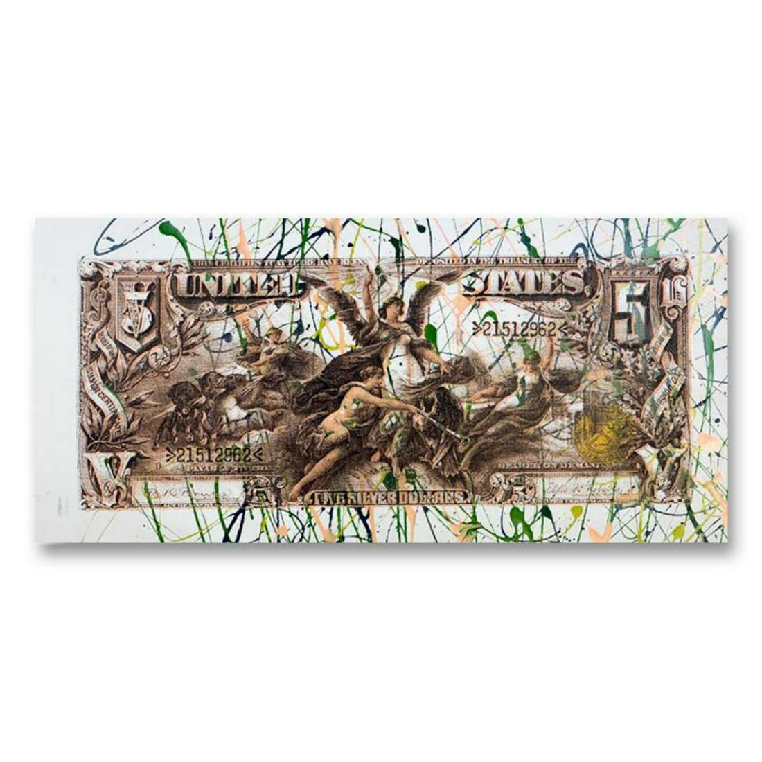 Steve Kaufman (1960-2010), "1896 $5.00 Silver: "1896 $5.00 Silver Certificate " is a limited edition hand pulled silkscreen mixed media on canvas by Andy Warhol protege Steve Kaufman (1960-2010). This piece is numbered and TP 8/8 and hand signed i