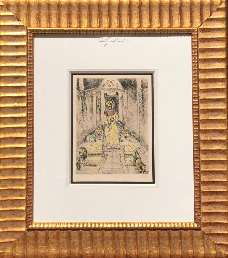 Marc Chagall "Salomon Sur Son Trone" Hand Pulled: Artist: Marc Chagall. Title: "Salomon Sur Son Trone". Medium: Hand Pulled Etching with Watercolor. Limited Edition. Hand Signed. Size: 21x15 3/8". Framed: 38x30"