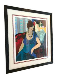 Itzchak Tarkay Serigraph "Gossip": Artist: Itzchak Tarkay. Medium: Serigraph. Title: Gossip. Signature: Hand signed and numbered. Frame Size: 40x40". Reference# 30223.