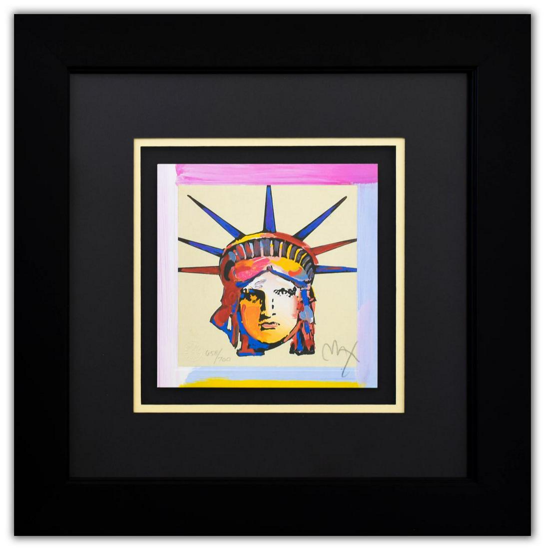 Peter Max- Original Lithograph "Liberty Head XV (Mini)": Artist: Peter Max. Medium: Original Lithograph. Title: Liberty Head XV (Mini). Size (Unframed): 7" x 7". Size (Framed): 16" x 16". Limited Edition: Numbered 658/700. Certificate of Authenticity: From
