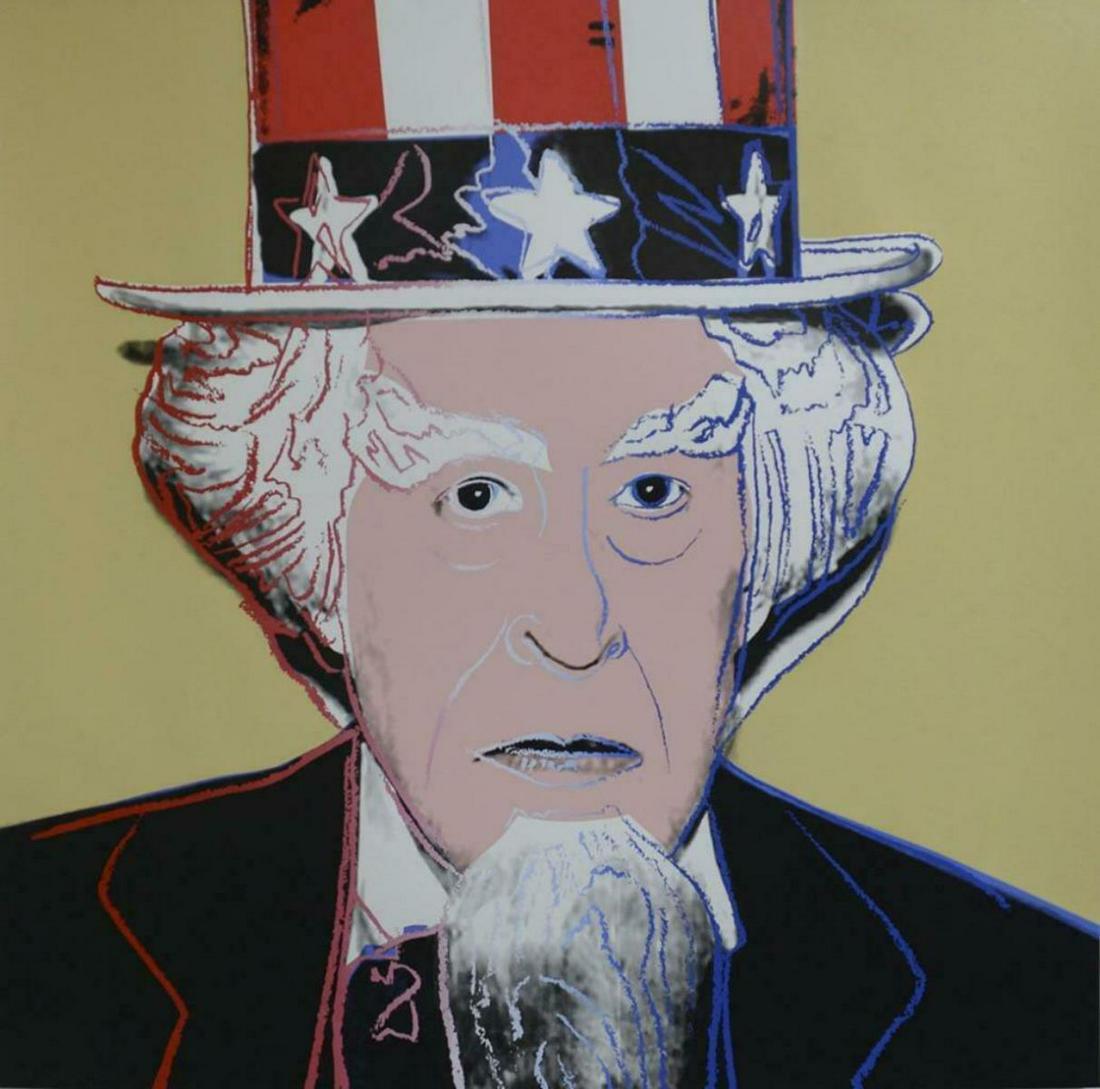 Andy Warhol- Screenprint in colors with diamond dust: Artist: Andy Warhol. Medium: Screenprint in colors with diamond dust. Title: Uncle Sam, 1981. Size (Unframed): 38" x 38". Additional: Unsigned proof (outside the edition). Printer: Rupert Jasen Smith,