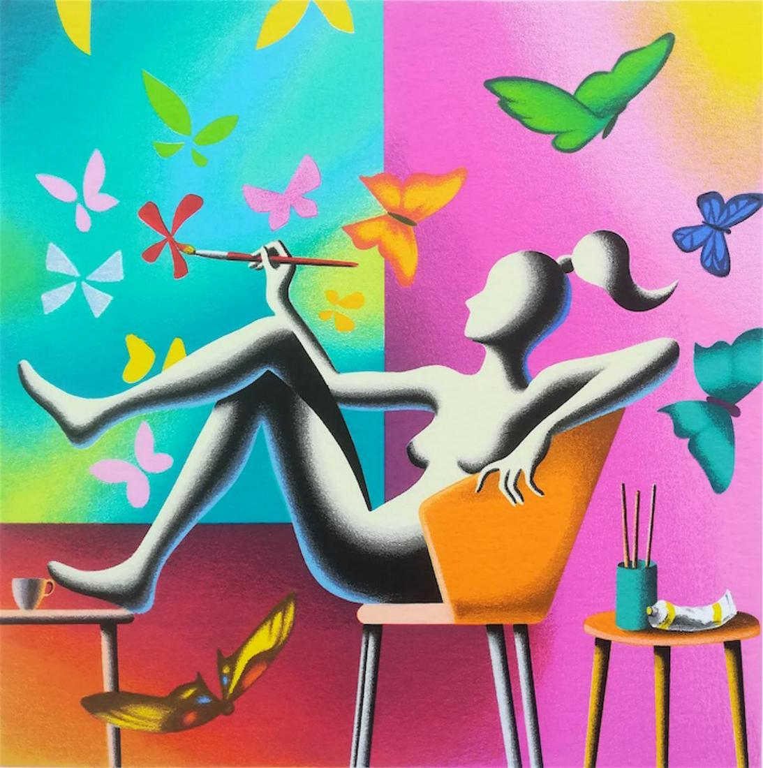 Mark Kostabi "Flight of Fantasy" Original Serigraph: Artist: Mark Kostabi. Medium: Original Serigraph. Title: Flight of Fantasy. Size: 35x35cm. Hand Signed and Numbered. Artist and Composer Mark Kostabi was born in Los Angeles in 1960 to Estonian immigr