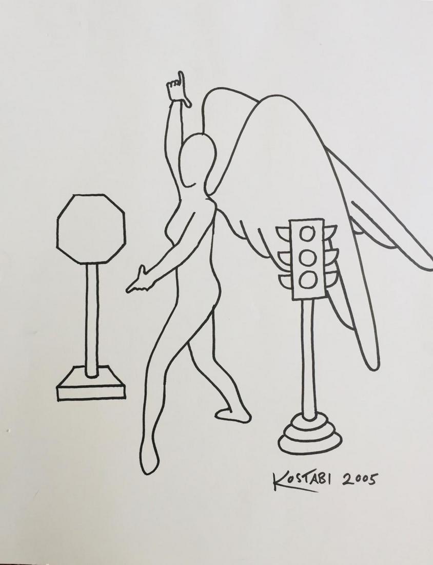 Mark Kostabi Original line drawing, signed and dated: Artist: Mark Kostabi. Medium: Original line drawing. Signed and dated 2005. Title: Signal Dance". Paper Size: 14x11".