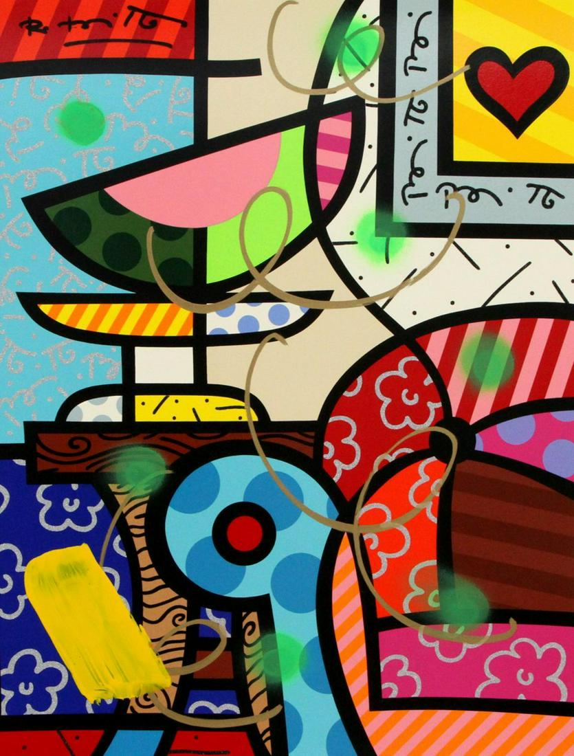 Romero Britto Original Mixed media (diamond dust, spray: Artist: Romero Britto. Medium: Original Mixed media (diamond dust, spray paint, acrylic paint, oil pen, serigraph, on paper). Title: WATERMELON. Signature: Hand signed. Size: 23.5x18.25". Certificate