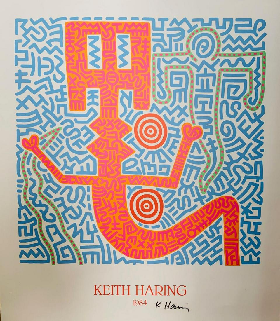 Keith Haring Original vintage lithograph on paper: Artist: Keith Haring. Medium: Original vintage lithograph on paper. Title: . Signature: Hand signed in black marker. Size: 31x27". Reference# 30136.