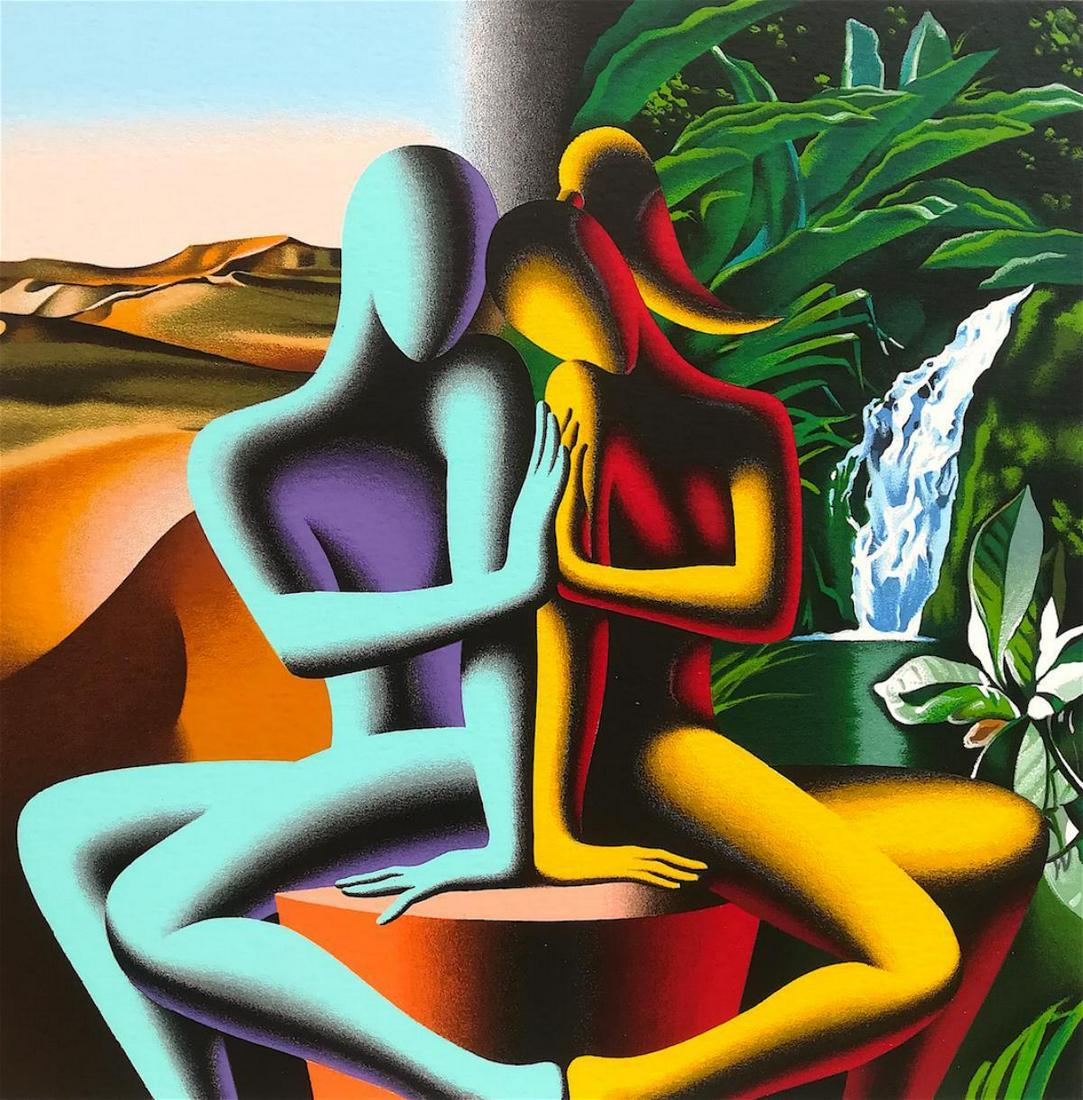 Mark Kostabi "TOUCHING DREAMS" Original Serigraph: Artist: Mark Kostabi. Medium: Original Serigraph. Title: TOUCHING DREAMS. Size: 45x45cm. Hand Signed and Numbered. Artist and Composer Mark Kostabi was born in Los Angeles in 1960 to Estonian immigran