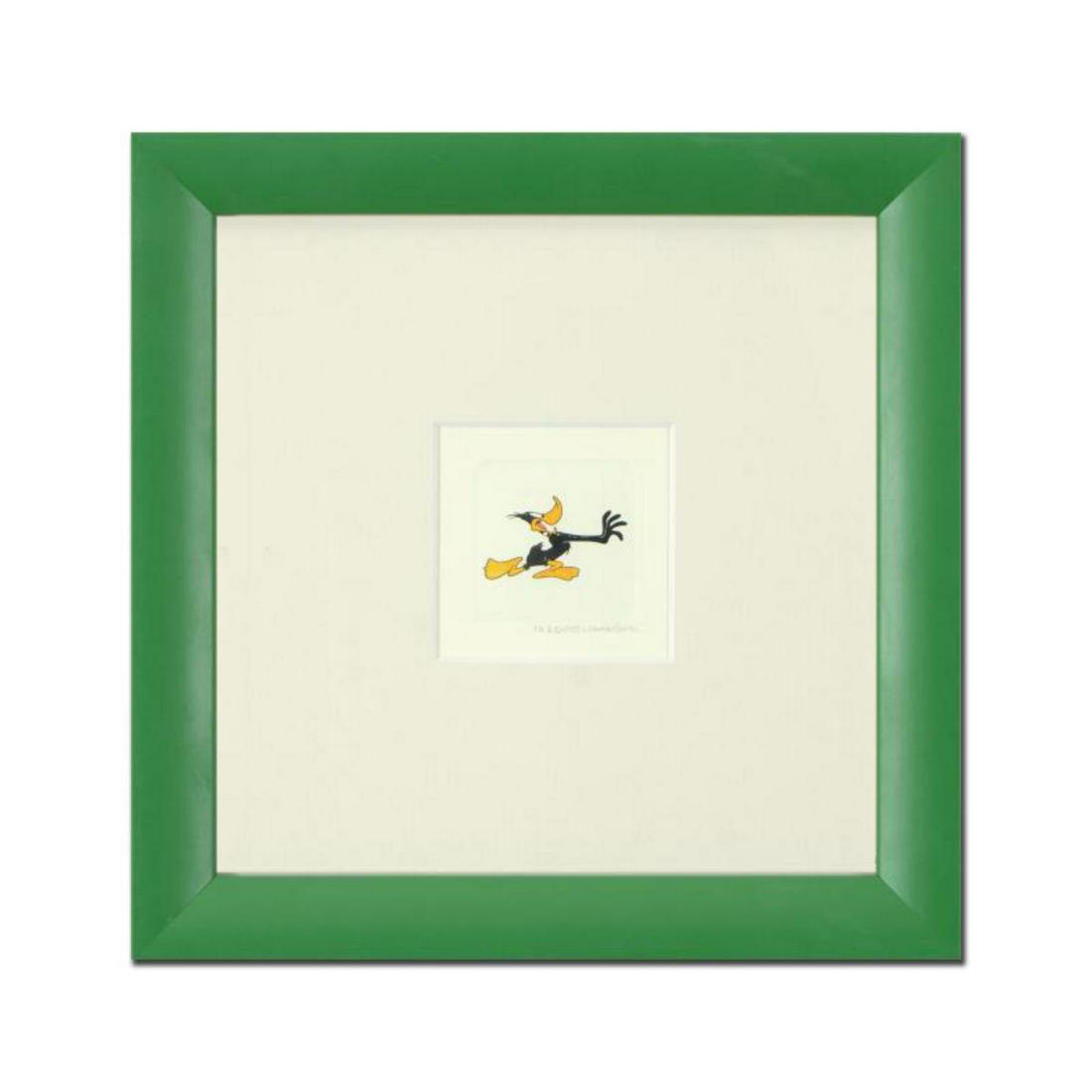 "Daffy Duck (Running)" Framed Limited Edition Etching: "Daffy Duck (Running)" is a limited edition etching on paper with hand-tinted coloring from Warner Bros, numbered and dated 1999. This piece comes framed. Measures approx. 9" x 9" (with frame), 1" x 2