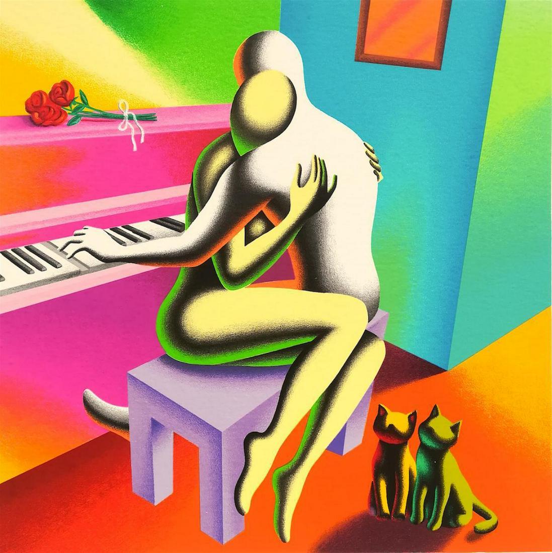 Mark Kostabi "THE RIGHT NOTES" Original Serigraph: Artist: Mark Kostabi. Medium: Original Serigraph. Title: THE RIGHT NOTES. Size: 45x45cm. Hand Signed and Numbered. Artist and Composer Mark Kostabi was born in Los Angeles in 1960 to Estonian immigran