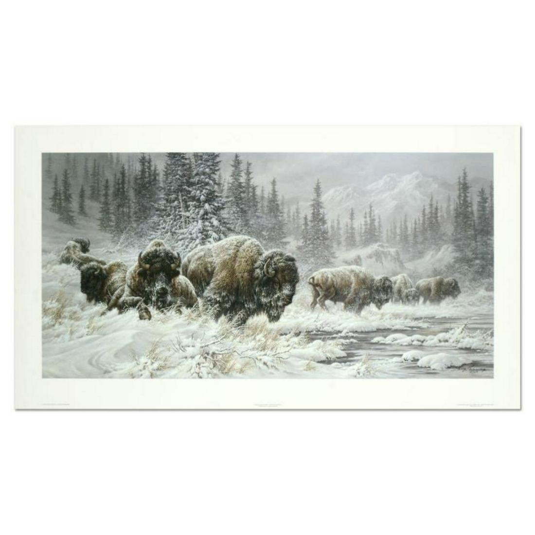 Larry Fanning, "Front Range Storm - Colorado Buffalo": "Front Range Storm - Colorado Buffalo" is a limited edition lithograph on paper by Larry Fanning (1938-2014), numbered and hand signed with a Letter of Authenticity. Measures approximately 36" x 20" (