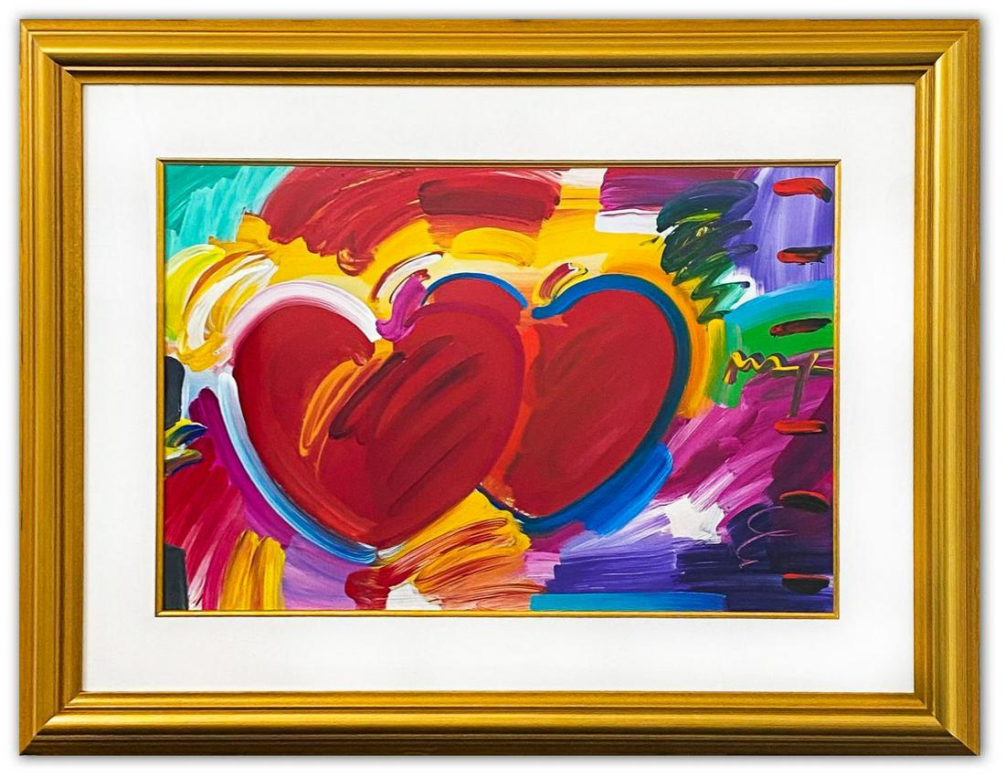 Peter Max- Original Mixed Media "Two Hearts As One": Artist: Peter Max. Medium: Original Mixed Media. Title: Two Hearts As One. Size (Unframed): 24" x 36". Size (Framed): 39" x 50". Certificate of Authenticity: From Peter Max Studio. Additional: Custom 
