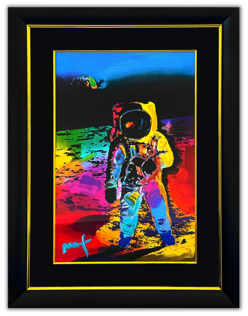 Peter Max- Original Mixed Media "Moonwalk": Artist: Peter Max. Medium: Original Mixed Media. Title: Moonwalk. Size (Unframed): 36" x 24". Size (Framed): 50" x 38". Certificate of Authenticity: From Peter Max Studio. Additional: Original one of 